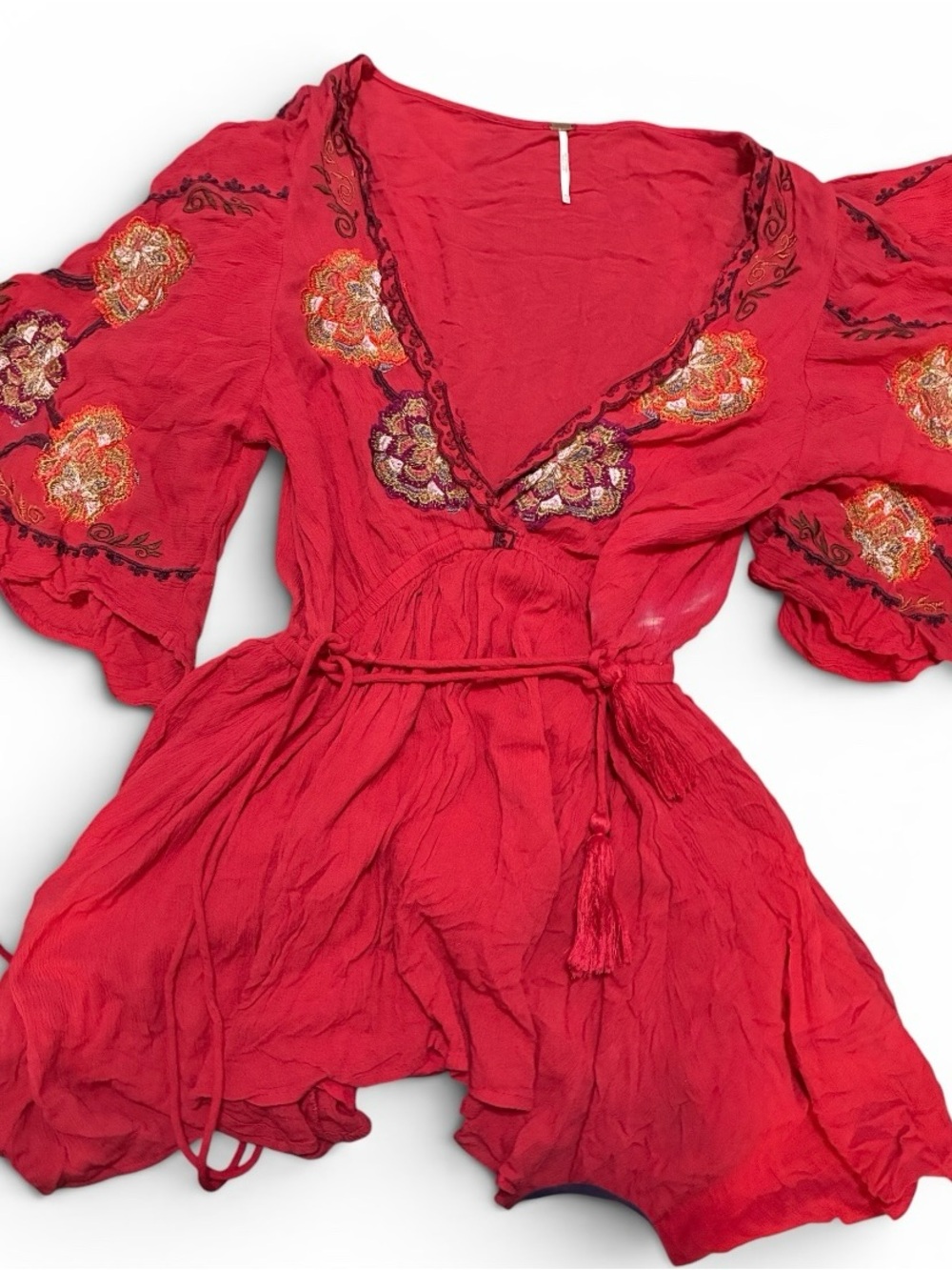 Free People Red Embroidered V-Neck Tunic Dress